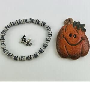 Halloween Lot- WHITE SKULL BRACELET Silver Witch Broom Pendant Stretch Wood Pump